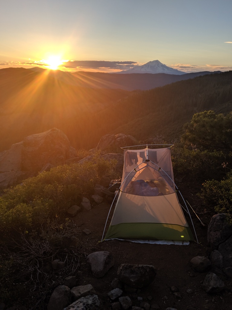 PCT 2019 sunset with tent and Mount Shasta